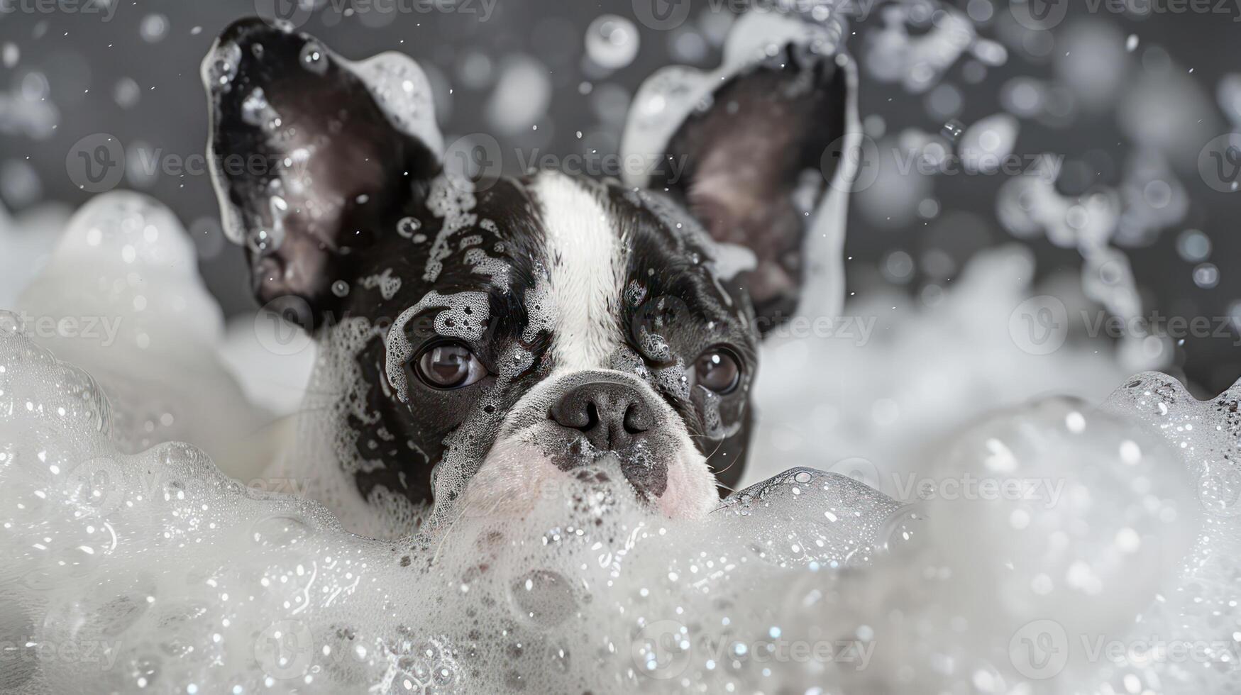 Playful French Bulldog Surrounded by Bubbles in a Bathtub with a Soft Background photo
