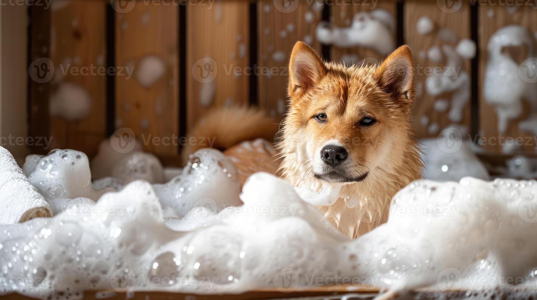 A playful dog enjoying a bubble bath in a cozy wooden bathroom setting, surrounded by foam photo