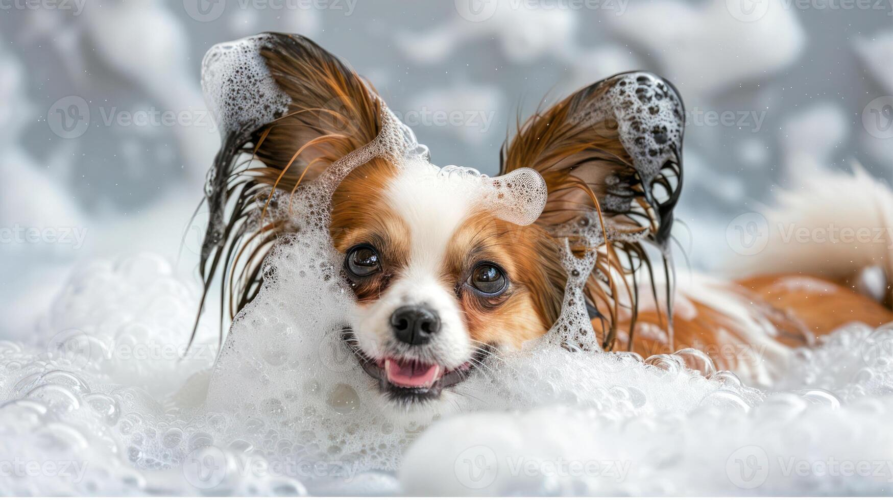 Playful dog enjoying a bubble bath with soap suds, set in a bright and cheerful bathroom photo