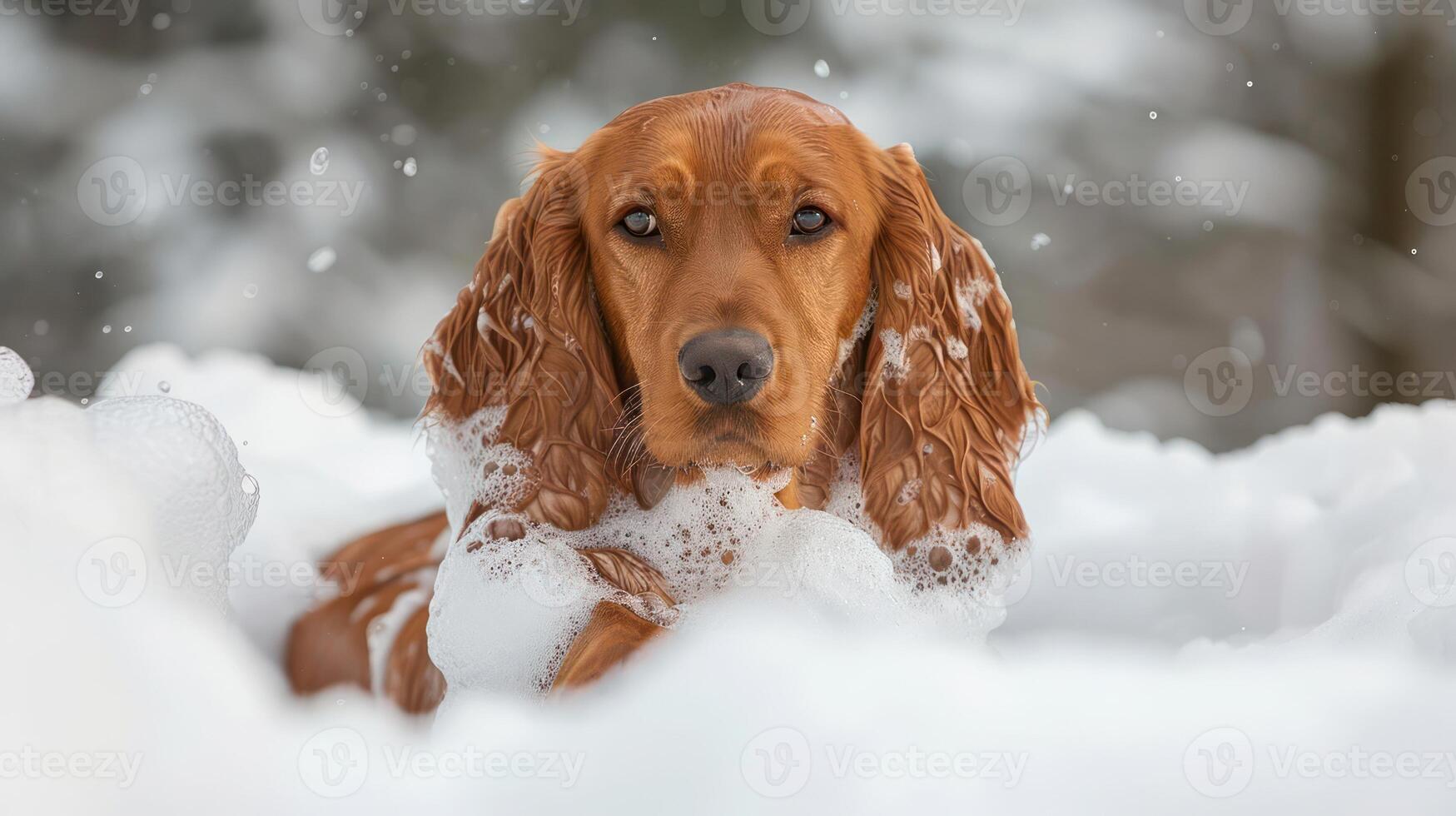 A golden dog playfully enjoying a bubble bath in a snowy outdoor setting, with trees in the background photo