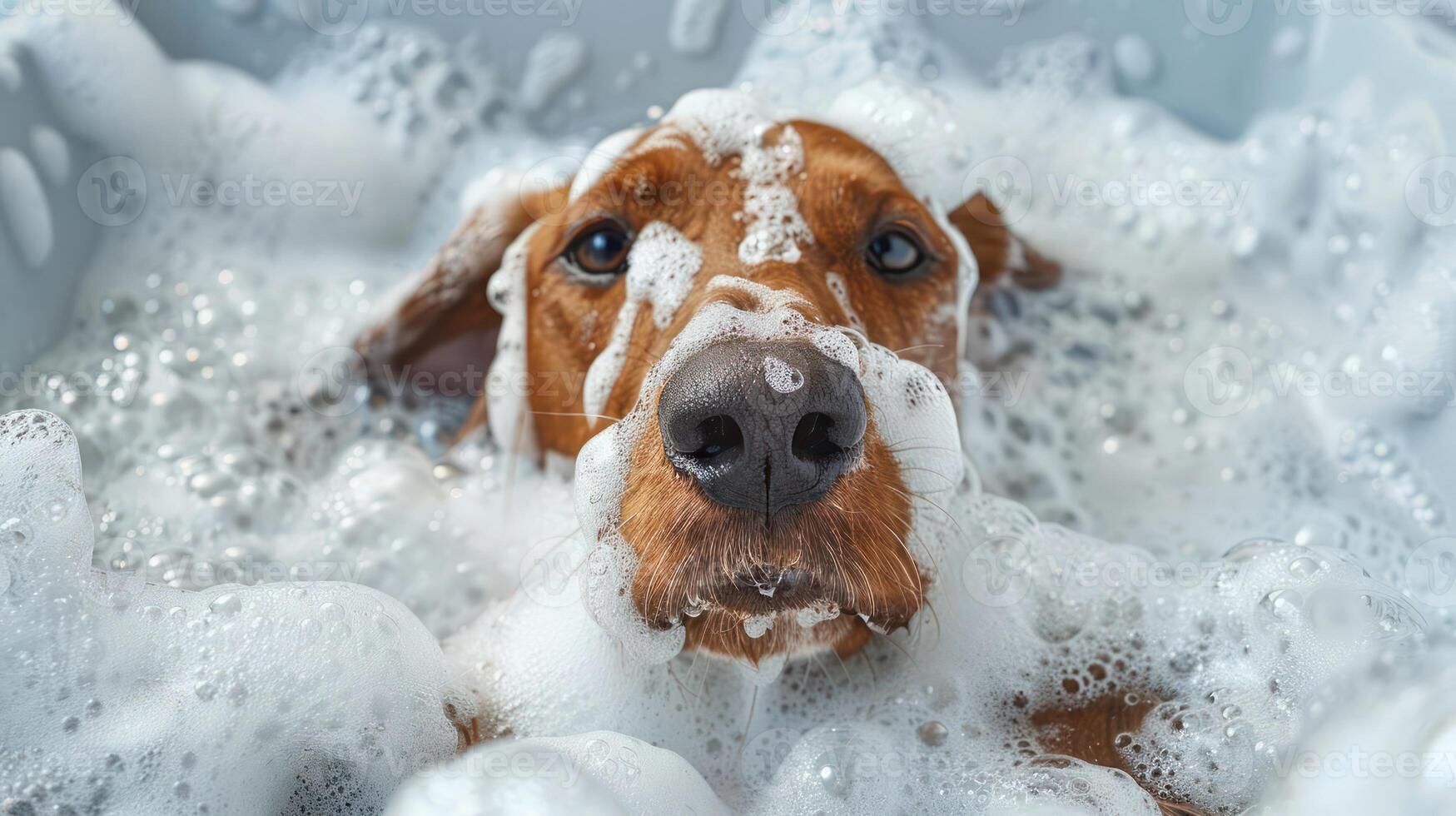 A playful dog enjoying a bubbly bath in a bright bathroom with soap suds and water splashes photo