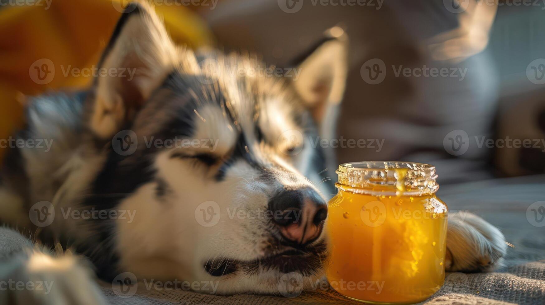 A relaxed dog resting beside a jar of honey in a cozy indoor setting with soft lighting photo