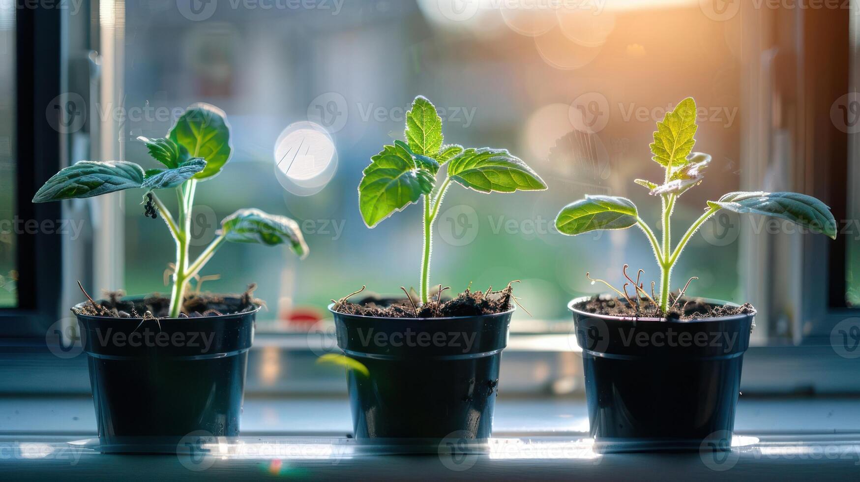 Three vibrant green plants in pots on a sunlit windowsill with a soft bokeh background photo