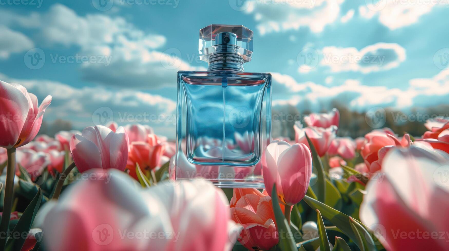 A vibrant blue perfume bottle surrounded by blooming pink tulips under a bright sky photo