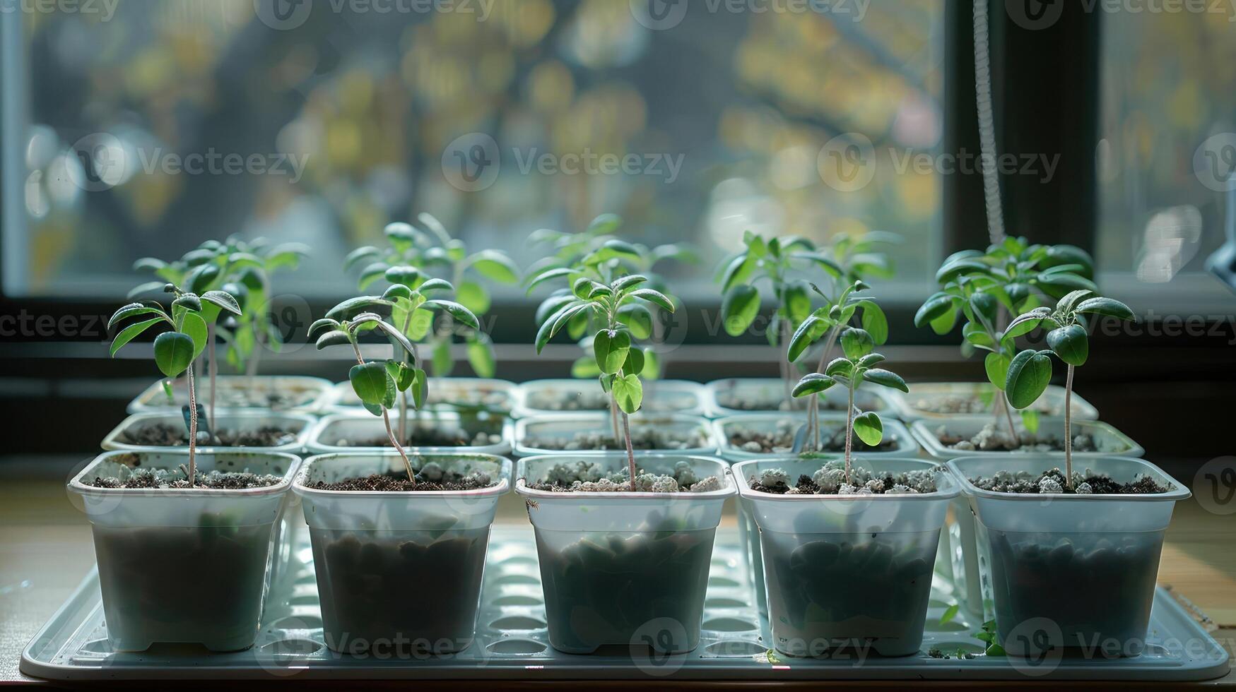Young green plants growing in small transparent pots on a sunny windowsill with blurred background photo