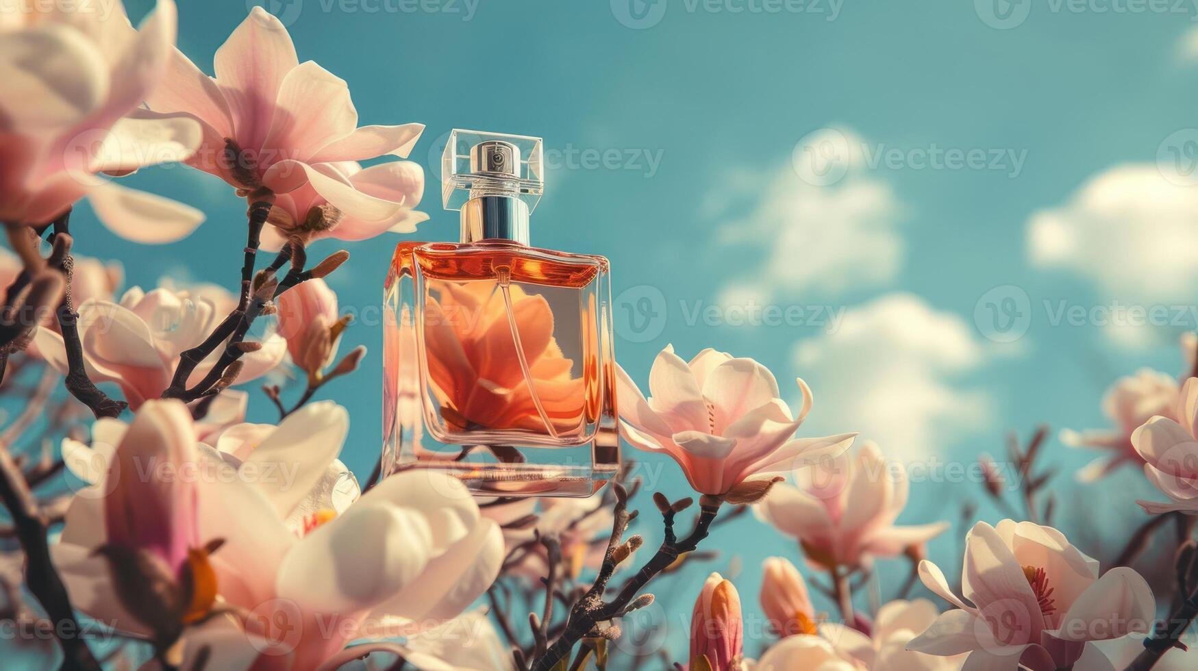 Fragrant perfume bottle surrounded by blooming magnolia flowers under a clear blue sky photo