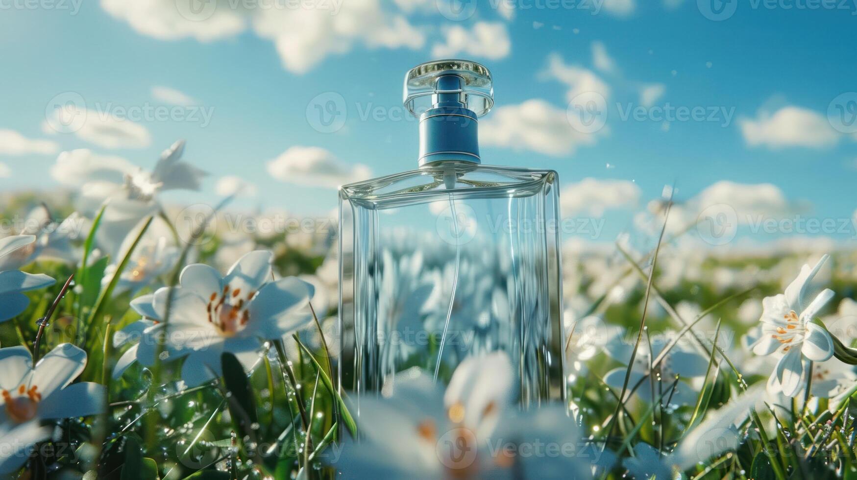 Elegant perfume bottle surrounded by blooming flowers under a bright blue sky, evoking freshness photo