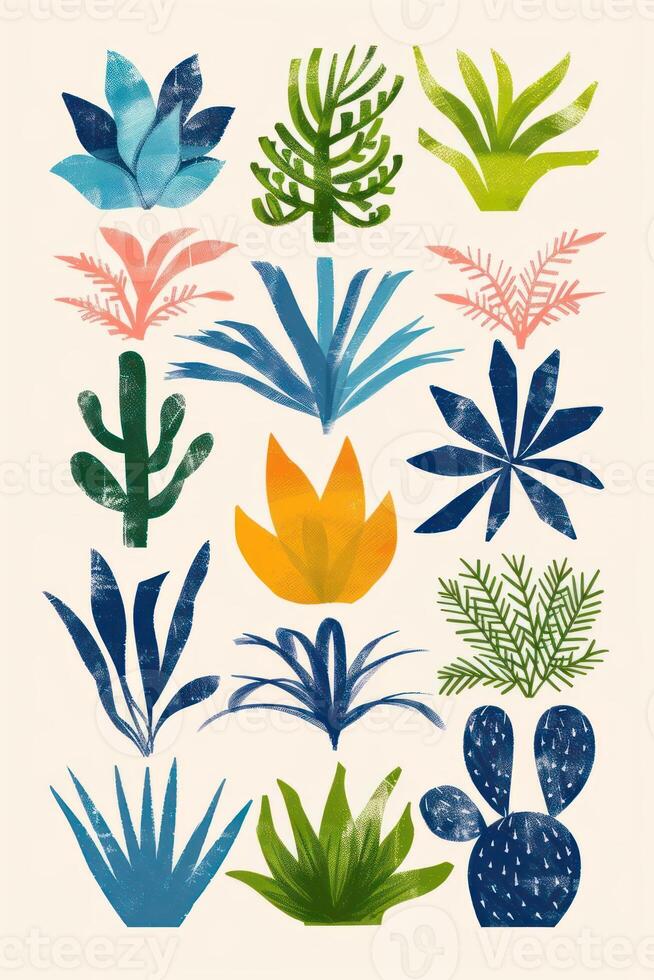 Colorful illustration of various plants and leaves arranged in a grid pattern on a light background photo