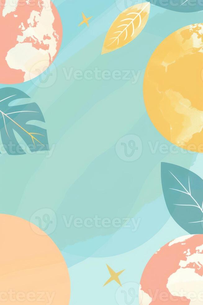 Abstract illustration featuring colorful planets and leaves on a soft background, ideal for design use photo