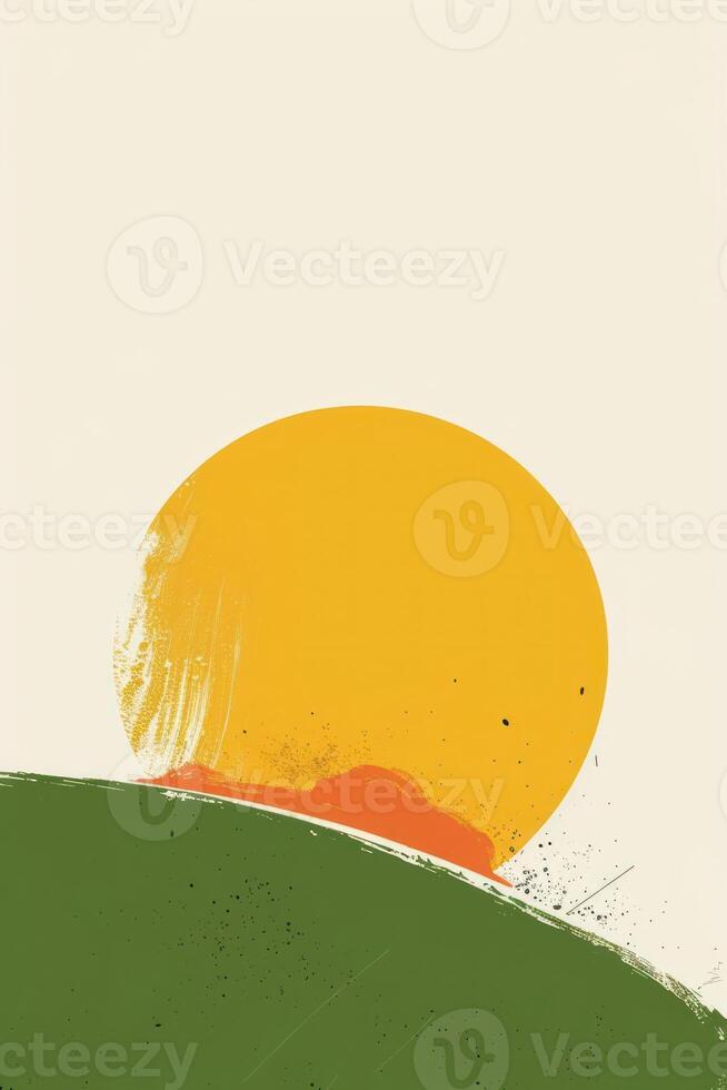 Vibrant sunset over rolling green hills with abstract design and soft color palette photo