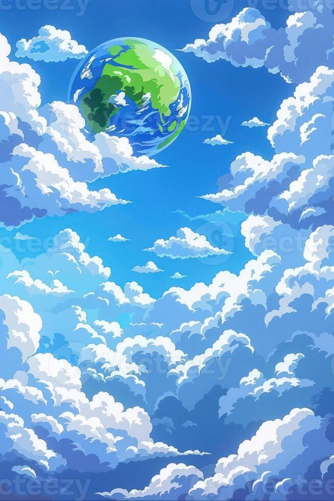 A vibrant illustration of Earth surrounded by fluffy clouds in a bright blue sky, evoking a sense of wonder photo