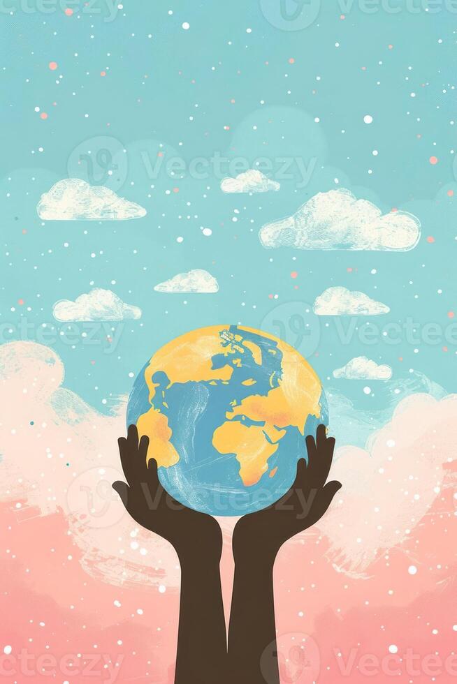 Hands holding a colorful globe against a pastel sky with clouds, symbolizing unity and care for Earth photo