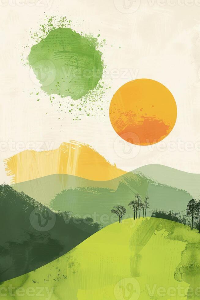 Abstract landscape with rolling hills, sun, and colorful clouds in a serene environment photo