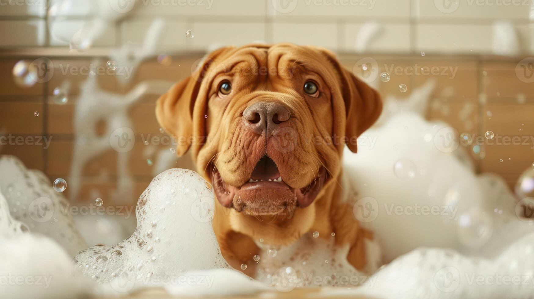 Playful dog enjoying a bubble bath in a cozy bathroom with foam and cheerful ambiance photo