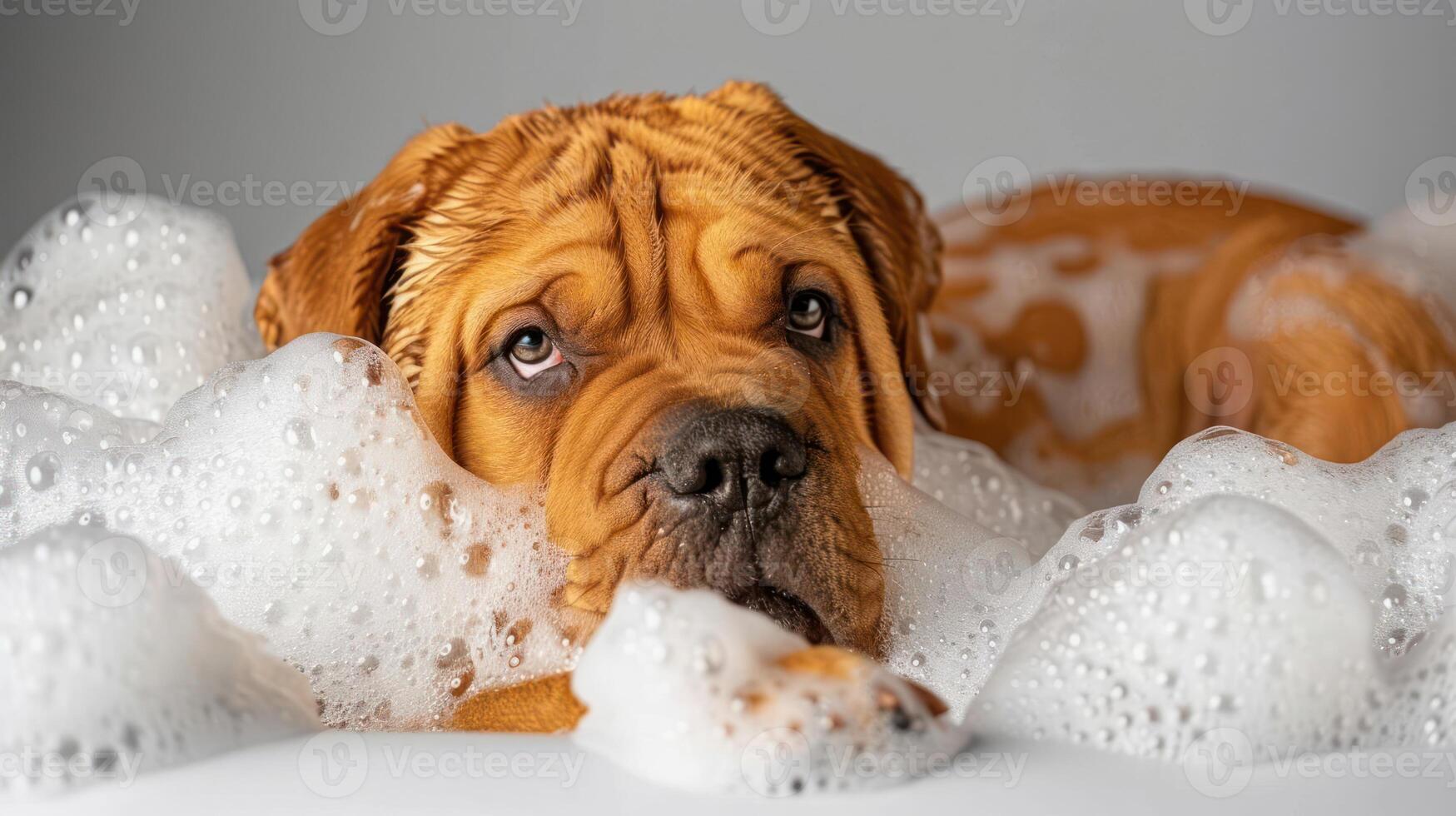 A playful dog enjoying a bubble bath, surrounded by fluffy soap suds in a bright setting photo