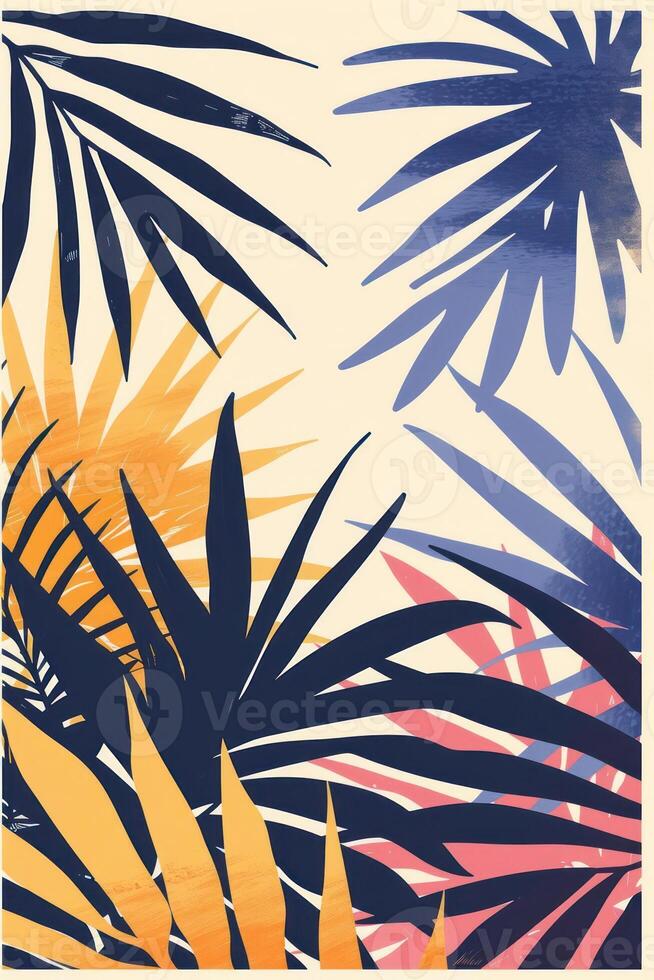 Vibrant tropical leaves in various colors creating a lively background for design use photo