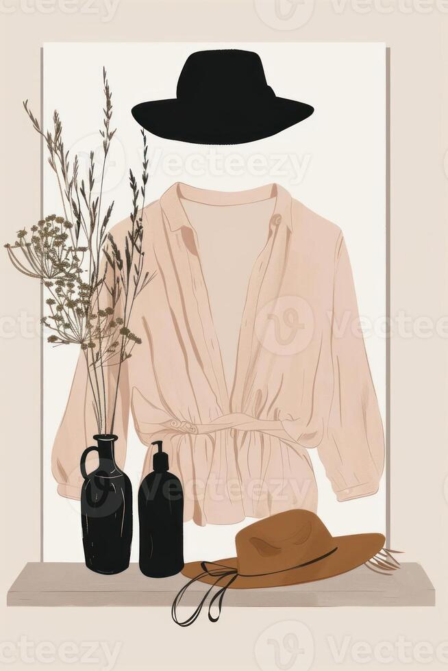 Stylish arrangement of clothing and accessories with decorative plants on a neutral background photo