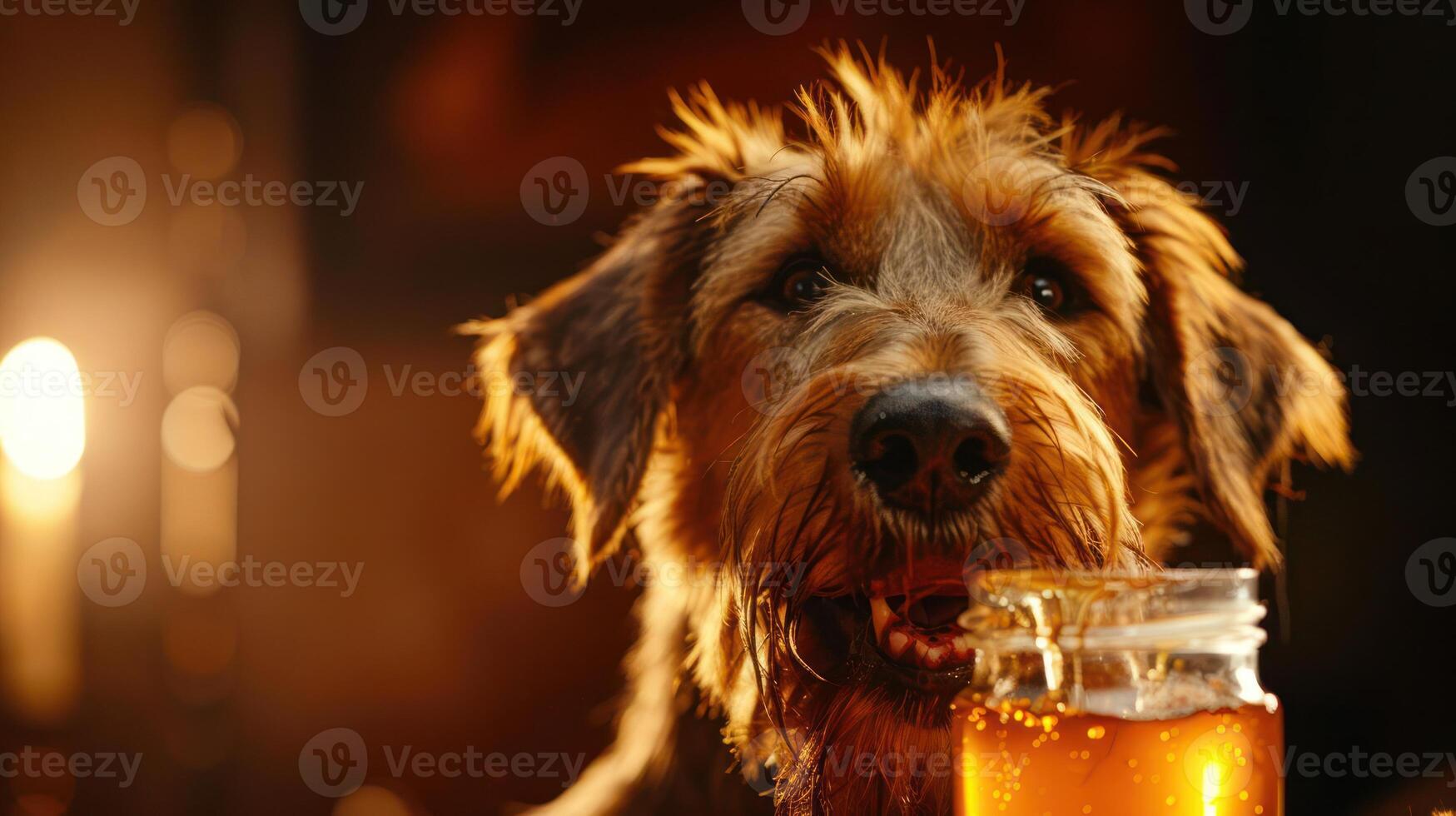 A playful dog enjoying a drink from a jar in a cozy, dimly lit setting with candles photo