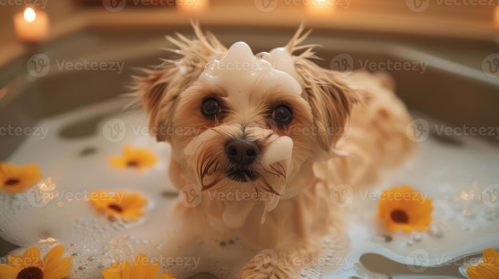 A small dog enjoying a bubble bath surrounded by sunflowers and soft candlelight ambiance photo