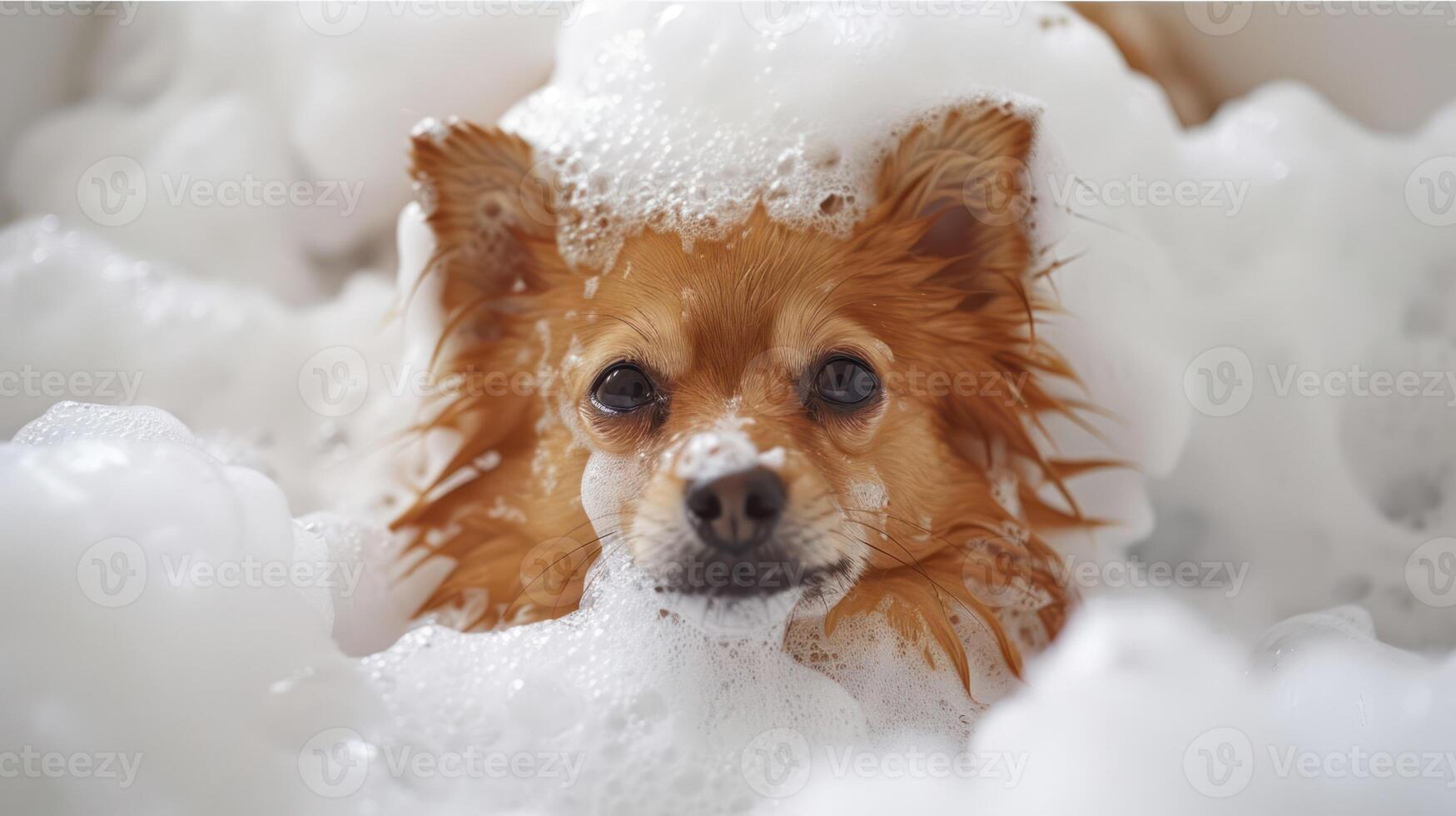A fluffy dog enjoying a bubble bath in a cozy bathroom with soft lighting and playful atmosphere photo