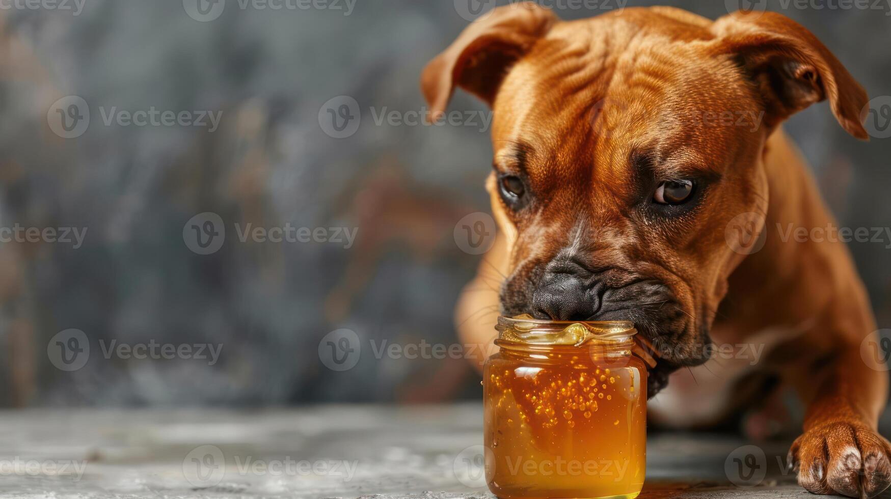 Dog curiously inspecting a jar of honey on a textured surface with a blurred background photo