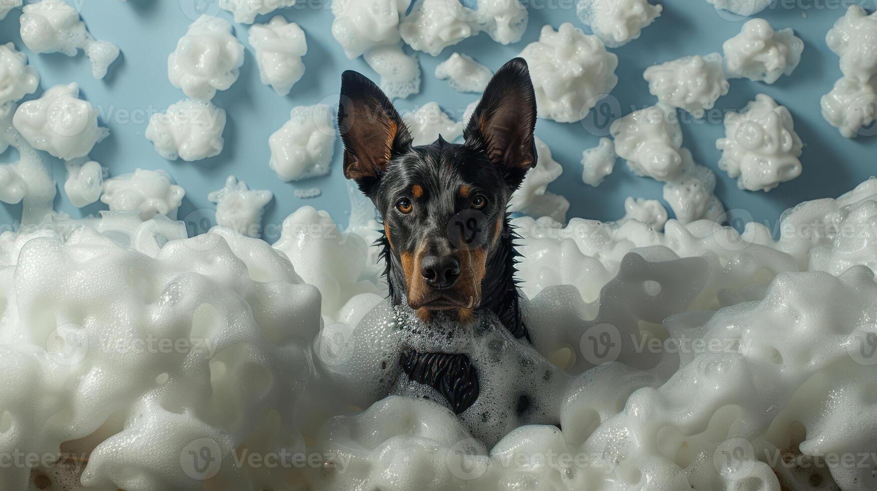 A playful dog surrounded by fluffy soap bubbles in a bright setting, capturing a fun bath time moment photo