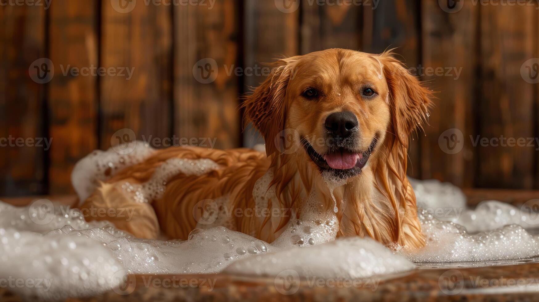 Golden retriever enjoying a bubble bath in a rustic wooden setting, creating a joyful atmosphere photo