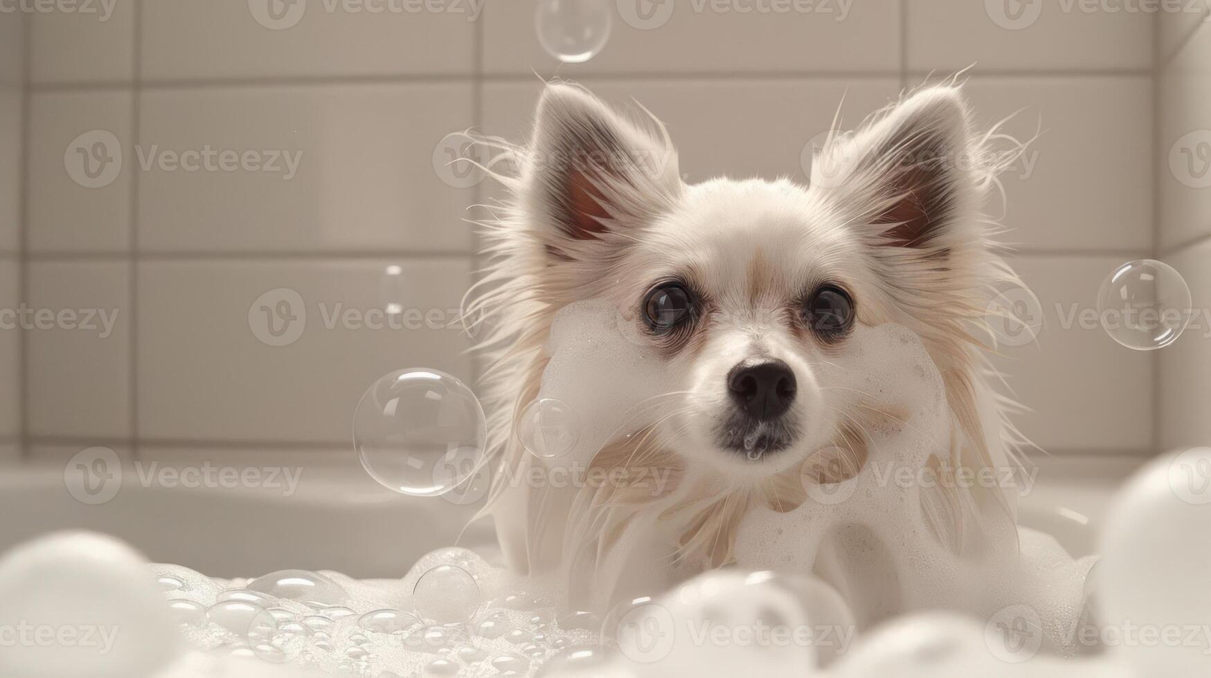 Adorable white dog enjoying a bubble bath in a bright bathroom with floating soap bubbles photo