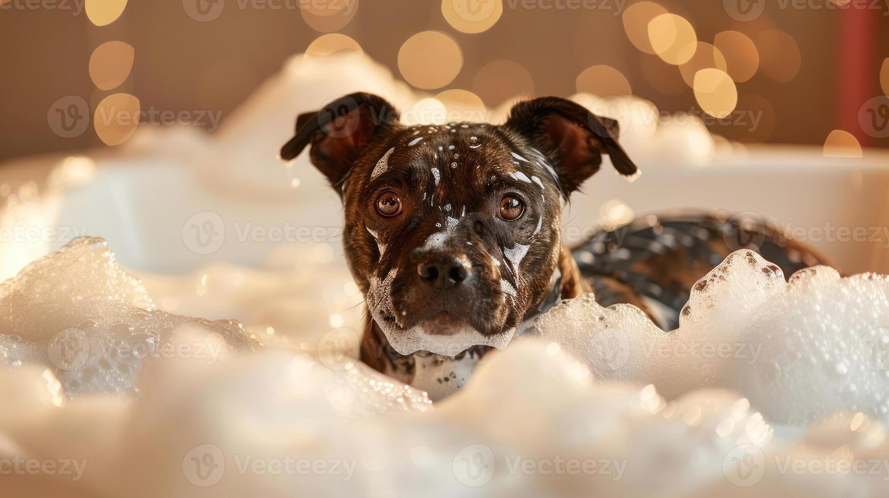 A playful dog enjoys a bubbly bath amidst festive lights, creating a cheerful atmosphere photo