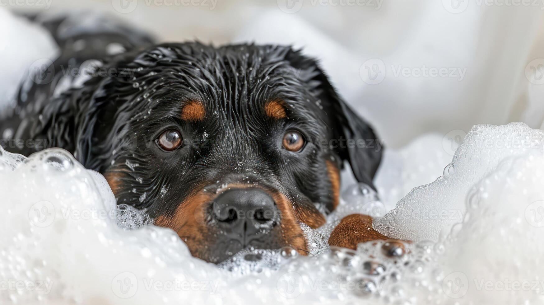A Rottweiler puppy enjoying a bath surrounded by bubbles in a cozy bathroom setting photo