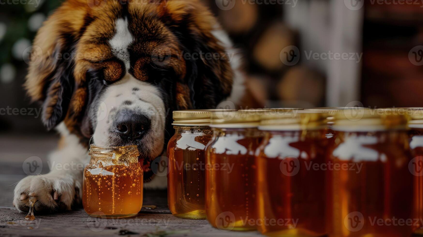 A Saint Bernard dog curiously observes a jar of honey among several jars in a rustic setting photo