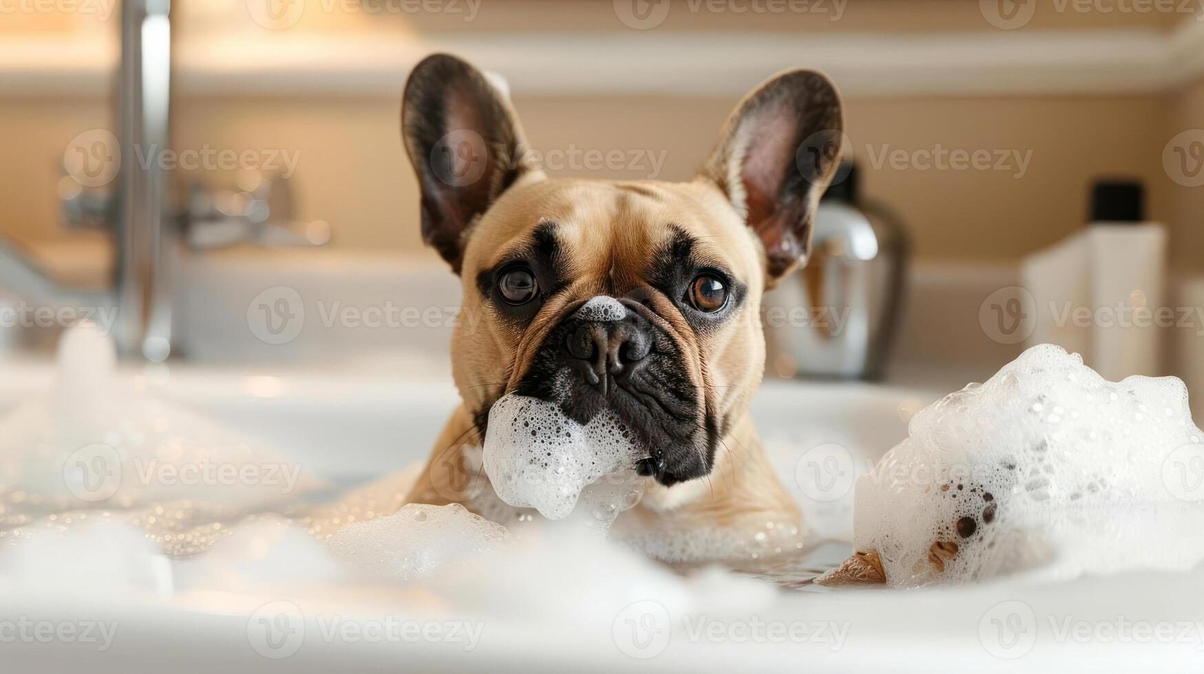 French Bulldog enjoying a bubble bath in a cozy bathroom with soft lighting and decor photo