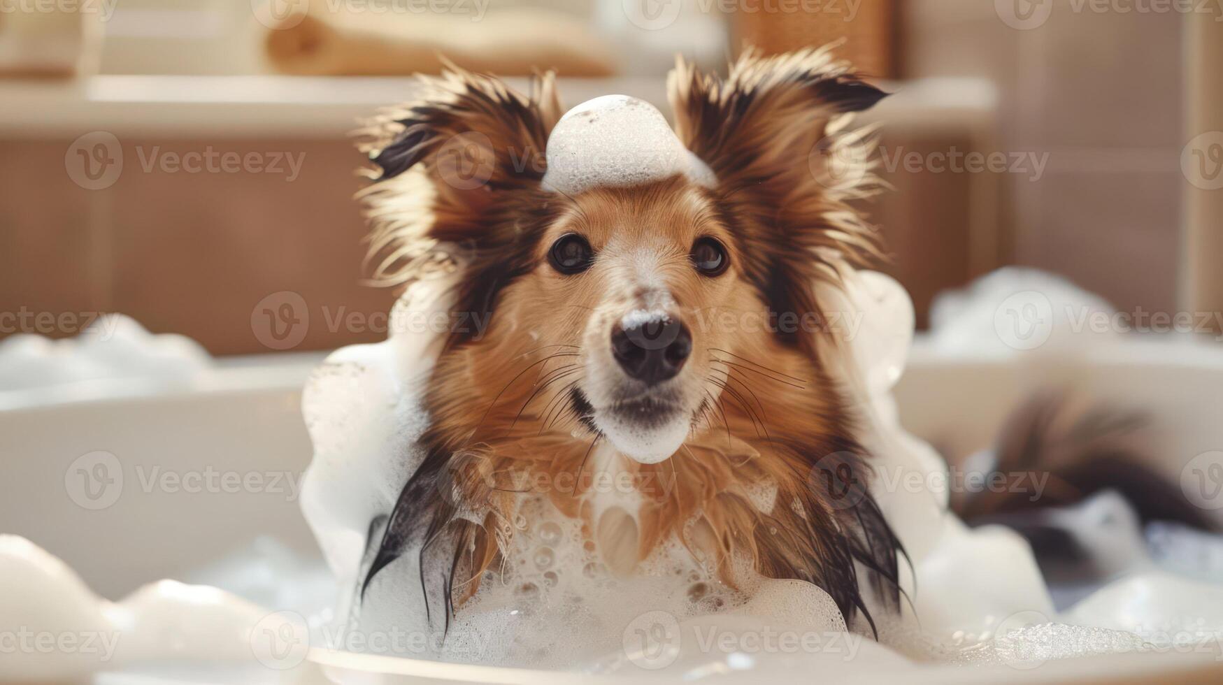 A playful dog enjoying a bubbly bath in a cozy bathroom filled with soap suds photo