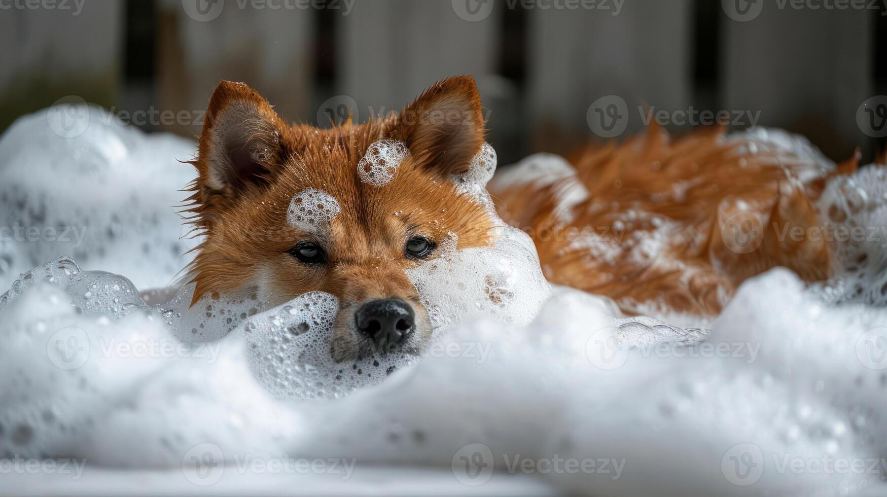 A playful dog enjoying a bubbly bath while relaxing in a cozy bathroom setting photo