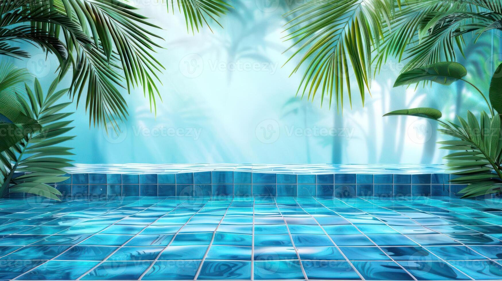 Serene tropical pool scene with vibrant foliage and tranquil water reflecting light photo
