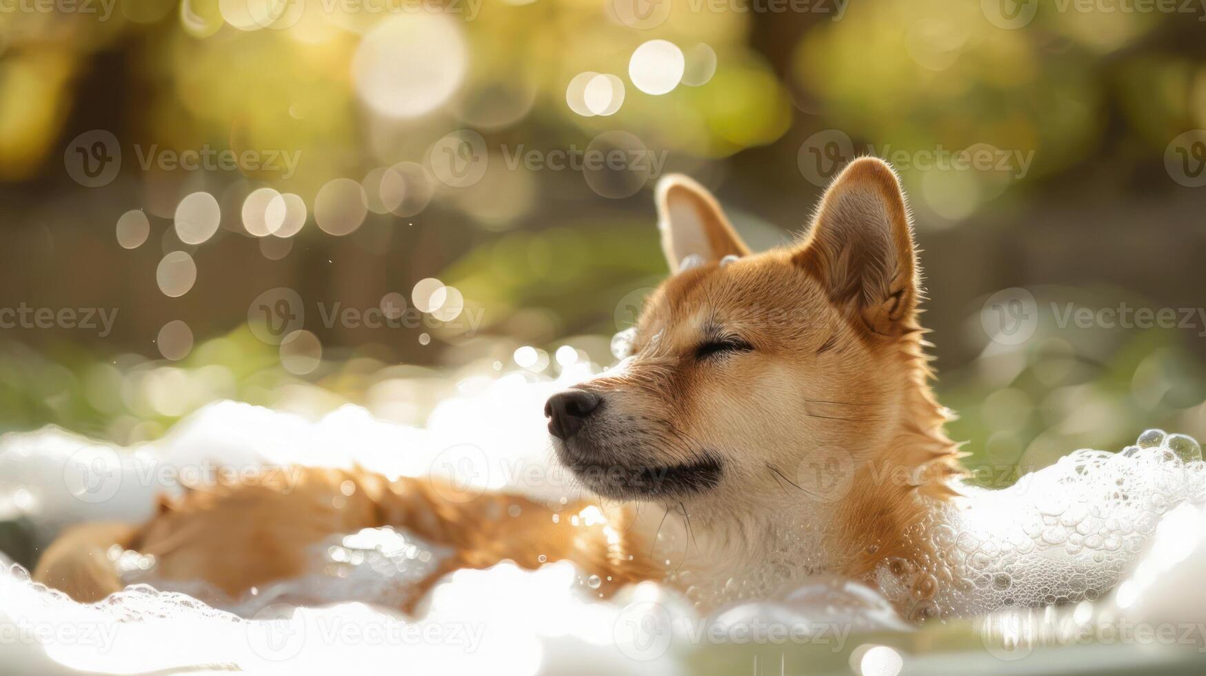 A serene dog enjoying a bubble bath in a sunlit garden, surrounded by soft greenery and bokeh effects photo