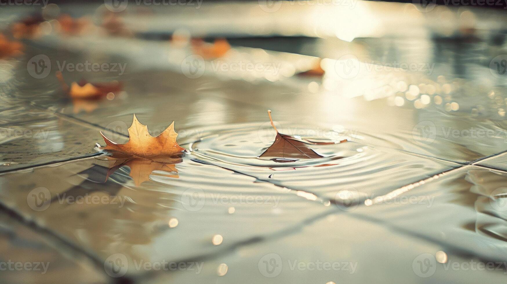 Autumn leaves floating on water surface, creating ripples in a tranquil outdoor setting photo