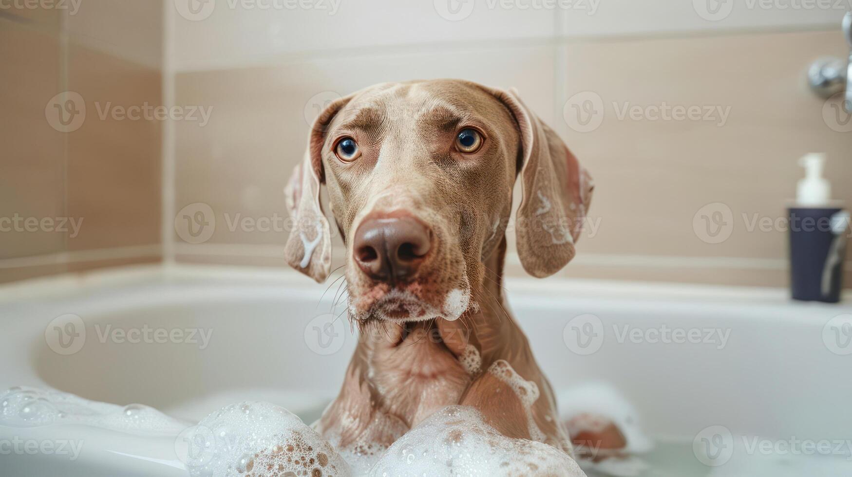 A playful dog enjoying a bubble bath in a modern bathroom with soothing decor photo