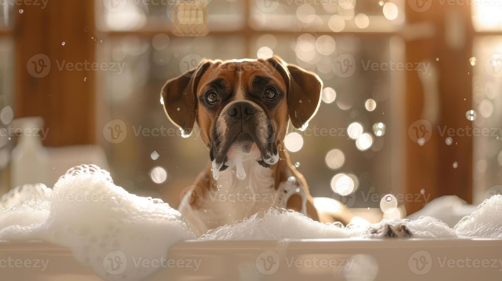 Playful dog enjoying a bubbly bath in a cozy home setting with warm sunlight streaming in photo