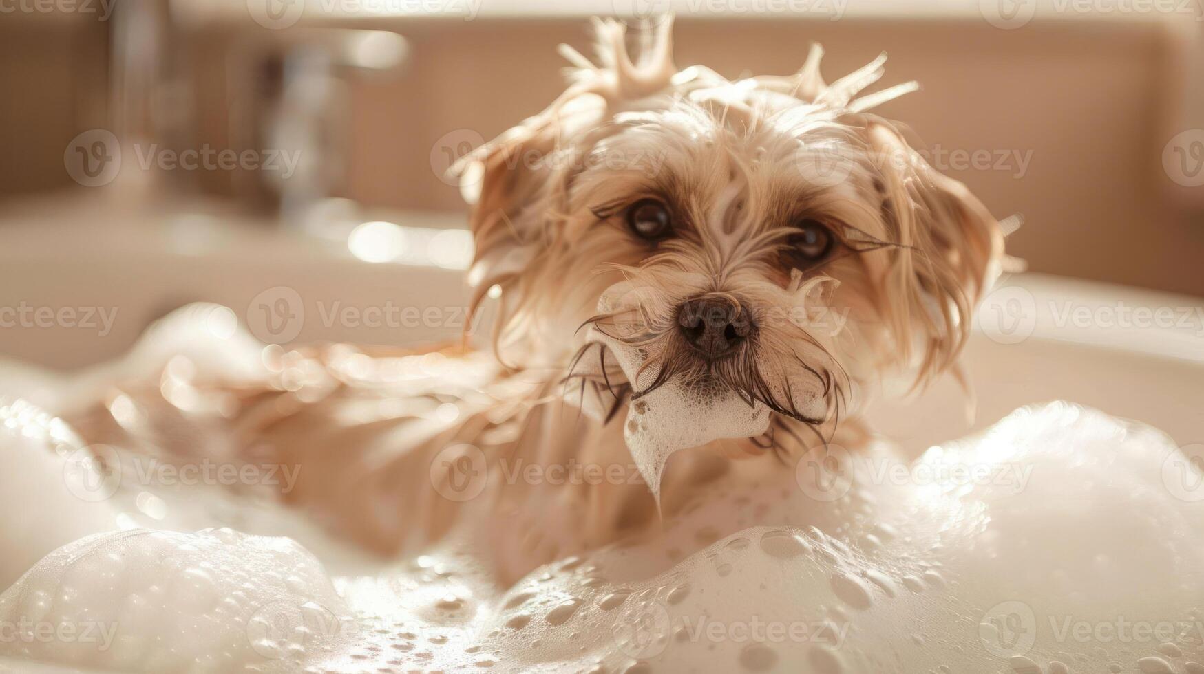 Playful dog enjoying a bubbly bath in a cozy bathroom with warm lighting and soft decor photo