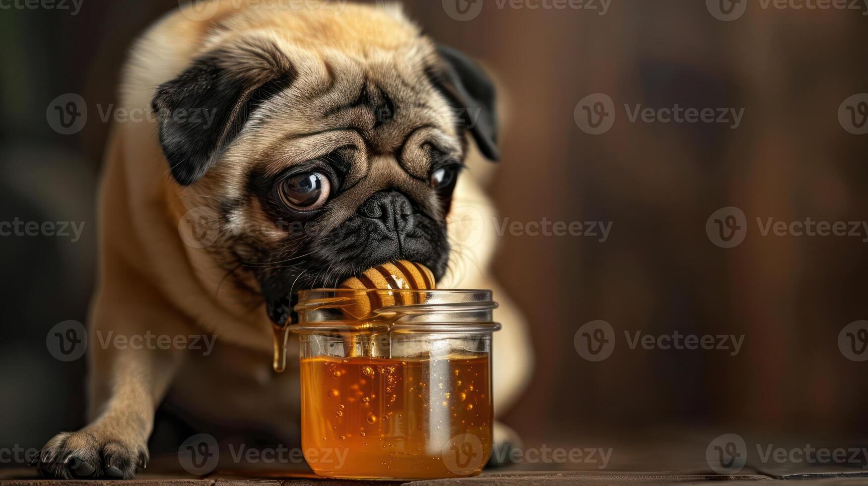 A playful pug dog enjoying honey from a jar, set against a warm, rustic wooden background photo