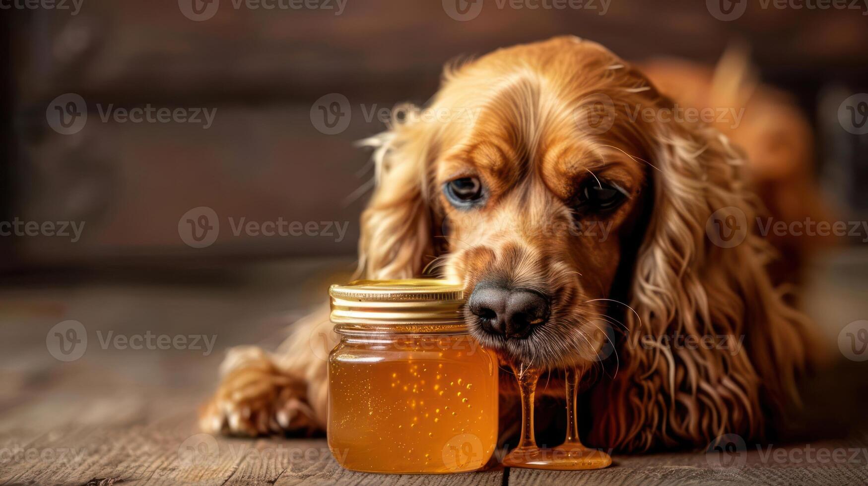 A golden cocker spaniel curiously interacts with a jar of honey on a rustic wooden surface photo