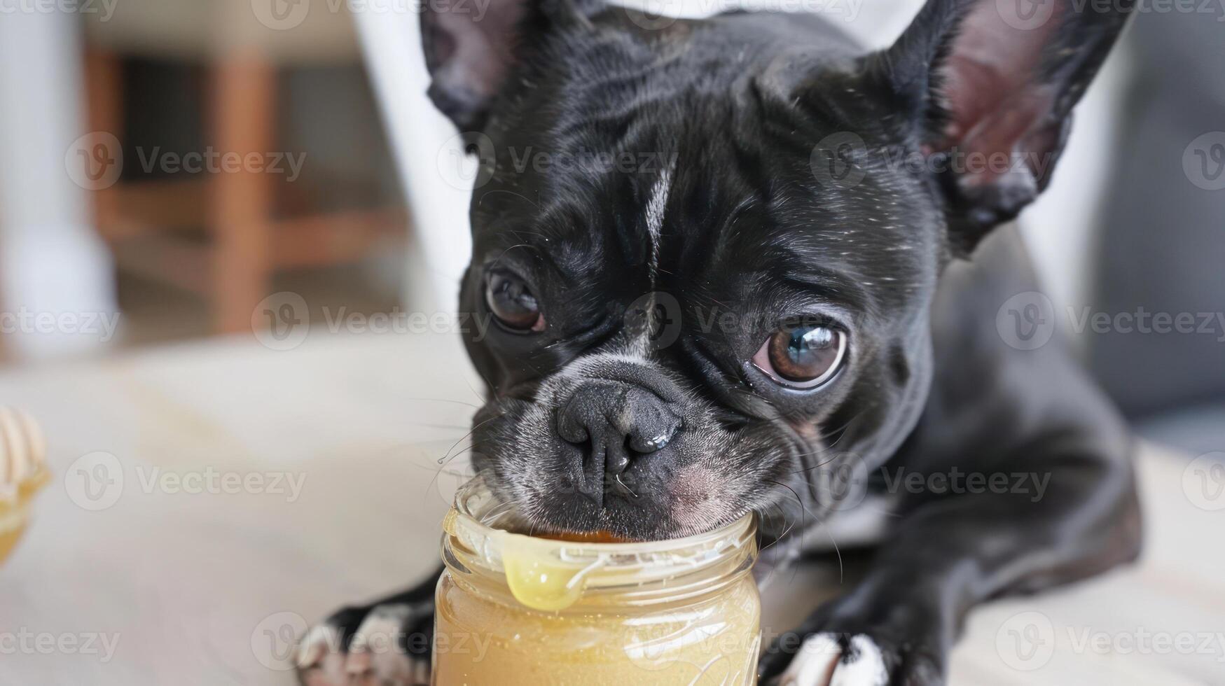 A playful black French Bulldog enjoying a jar of peanut butter at home, with a cozy background photo