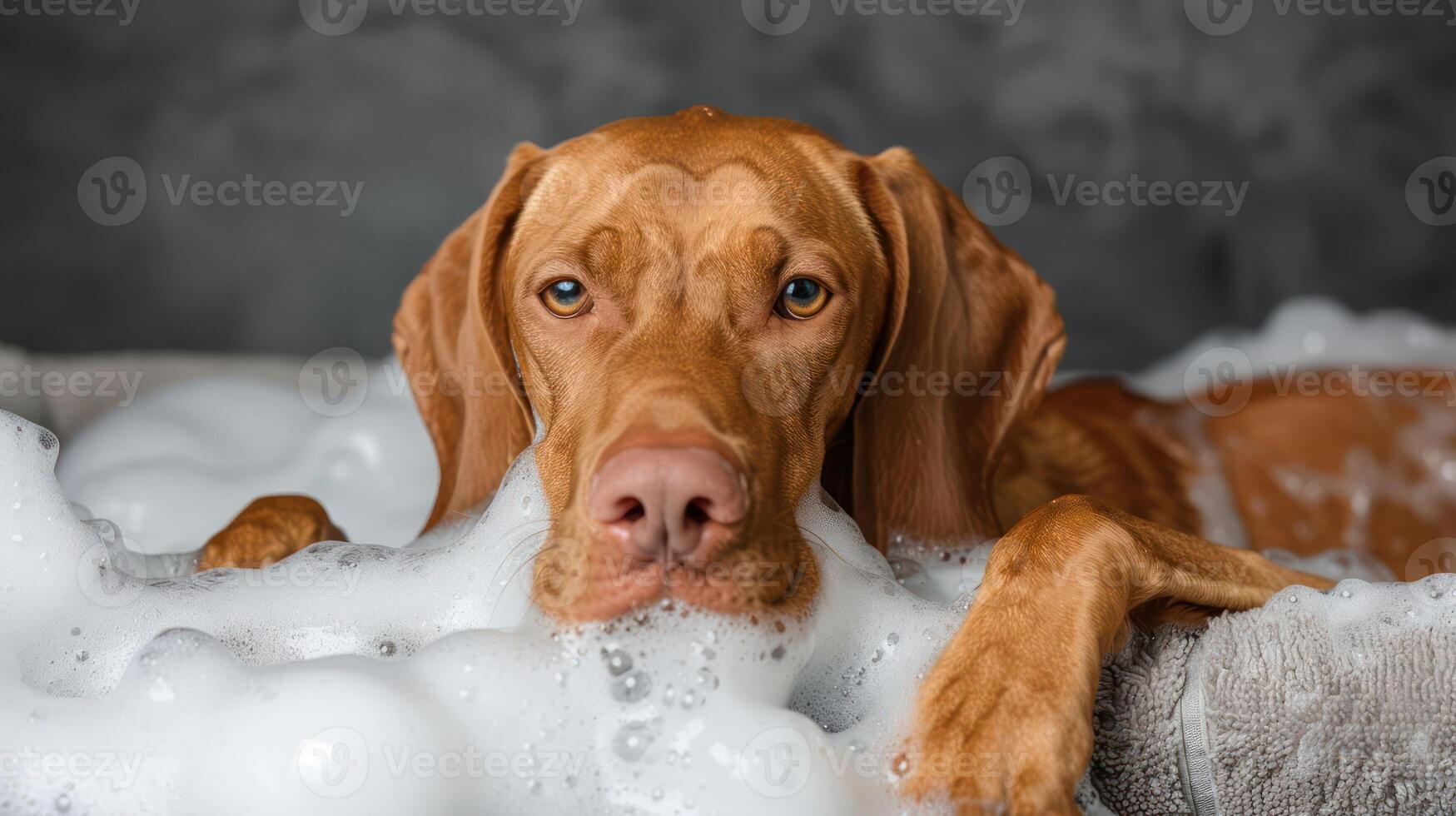 A relaxed dog lounging in a bubble bath, showcasing a calm atmosphere with soft textures photo