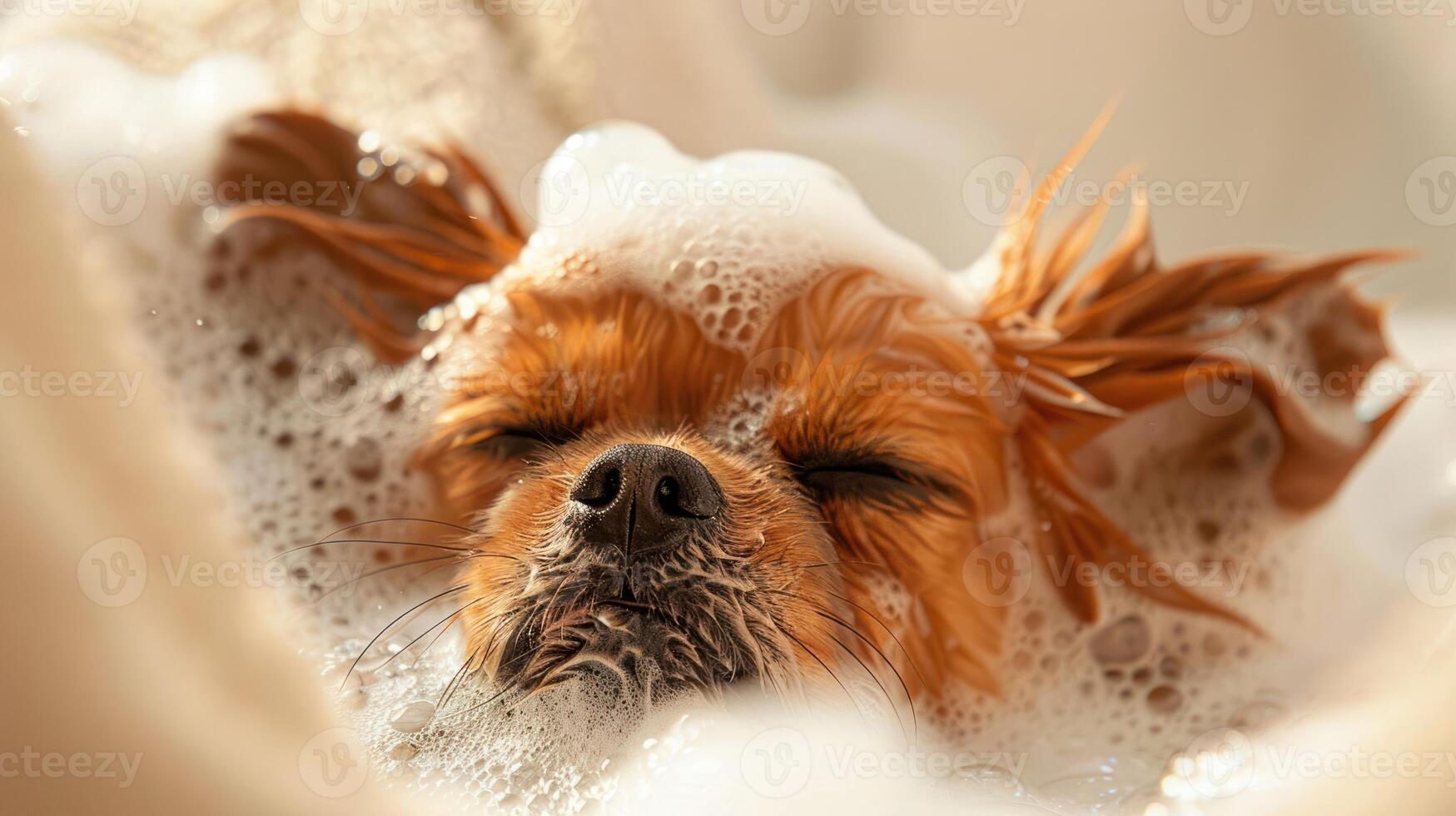 A small dog enjoying a bubble bath, with foam around its face, creating a serene atmosphere photo