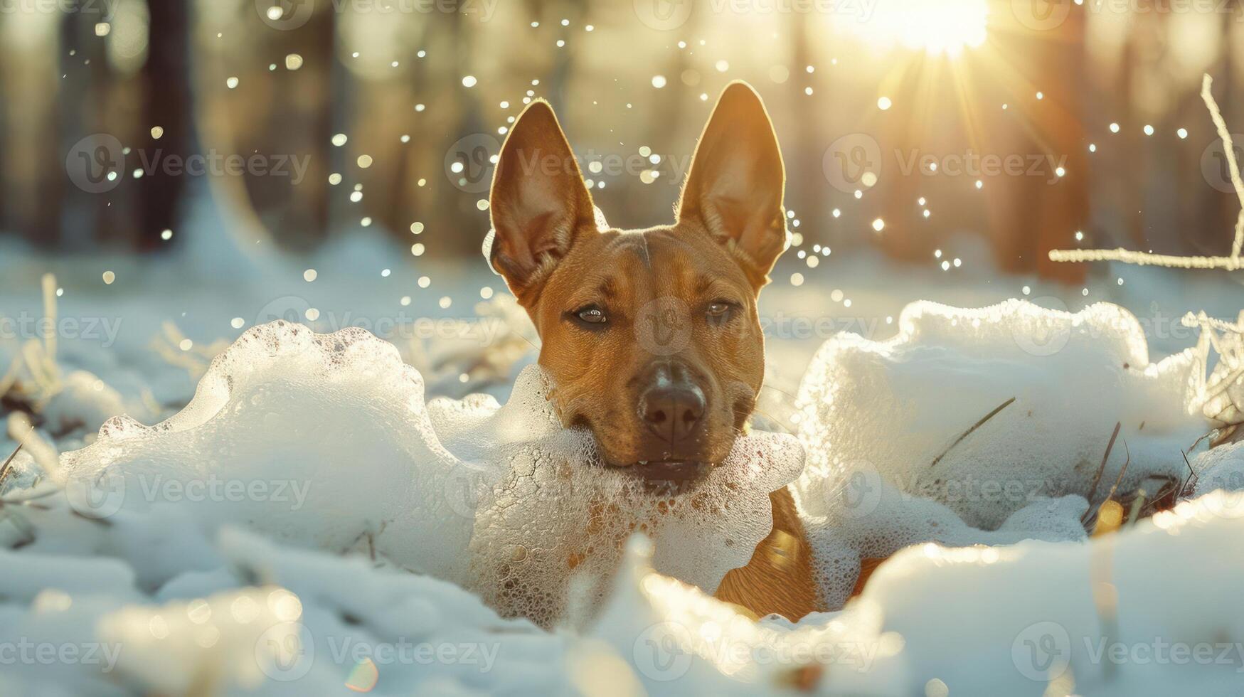 A playful dog enjoying a bubble bath in a snowy forest during sunset, with sparkling snowflakes photo