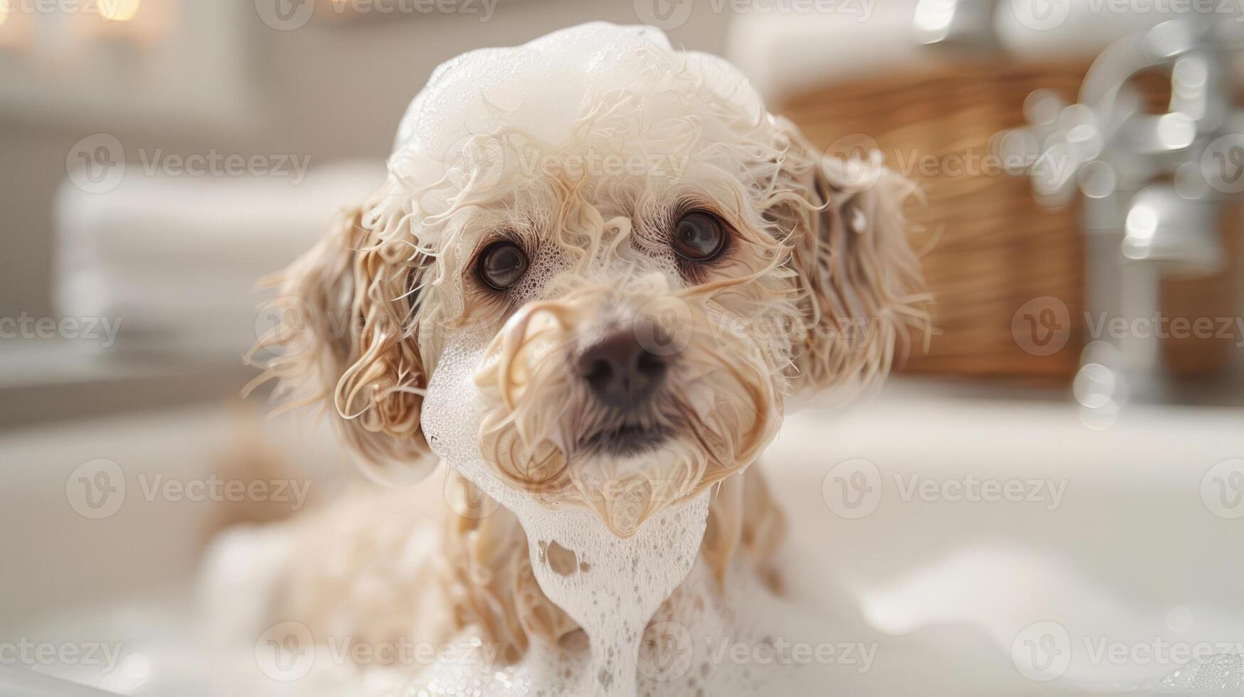 Adorable small dog enjoying a bubbly bath in a cozy bathroom with soft towels and relaxing decor photo