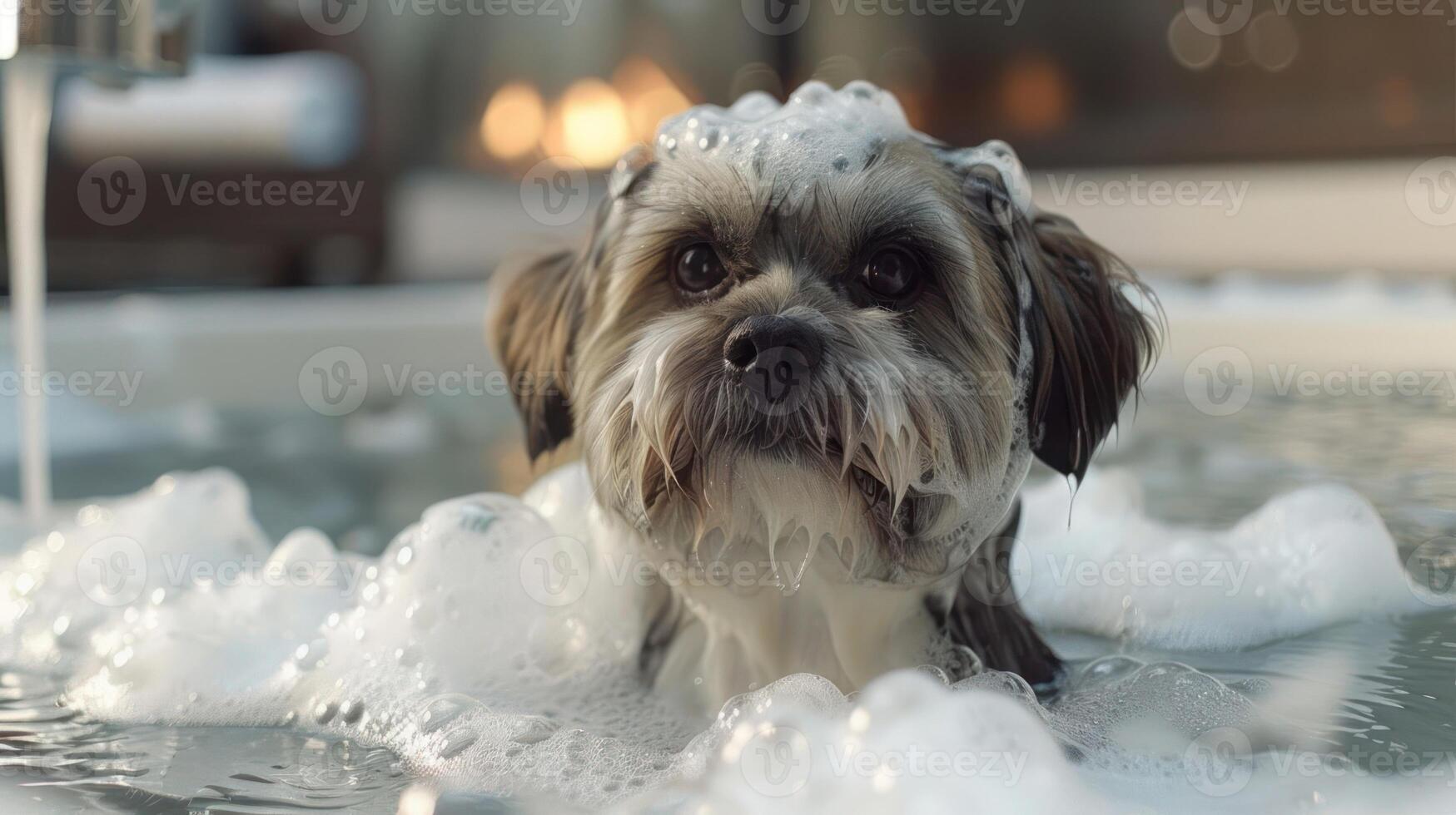 A small dog enjoying a bubble bath in a luxurious bathroom with a cozy ambiance photo