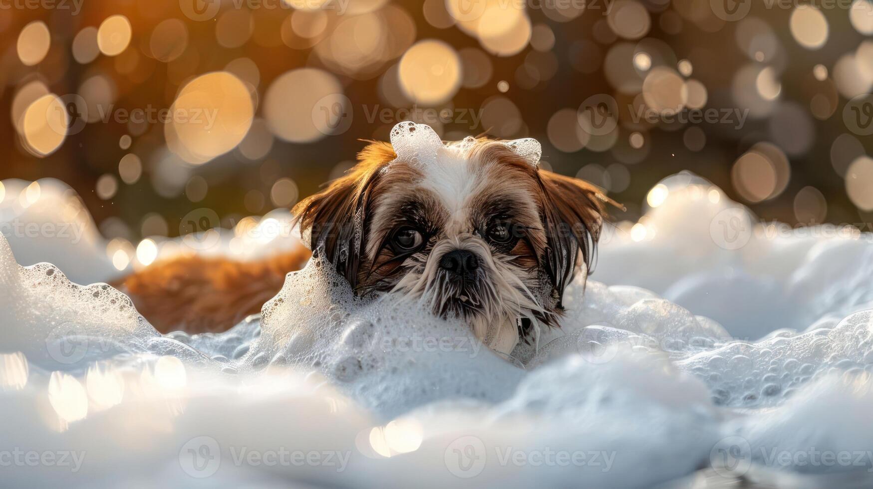 A fluffy dog enjoying a bubble bath outdoors with a blurred background of golden lights photo