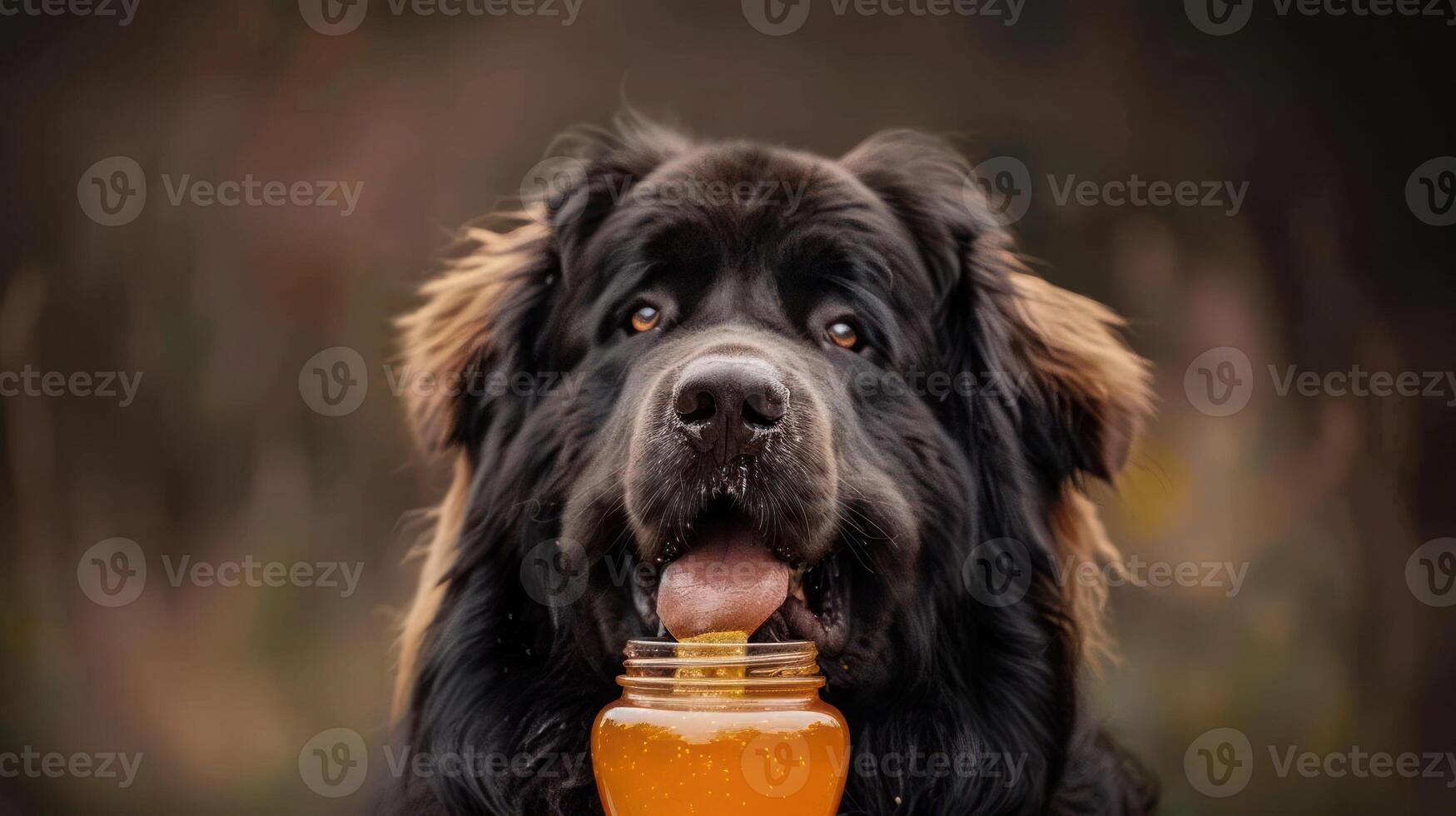 A playful dog enjoying a jar of honey in a natural outdoor setting with blurred background photo